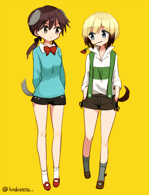 2girls, alternate_costume, animal_ears, black_ribbon, blonde_hair, blue_eyes, bob_cut, bow