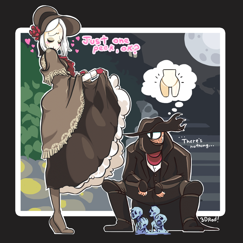 1boy, 1girl, 3d_rod!, artist_name, bangs, bloodborne, bonnet, boots