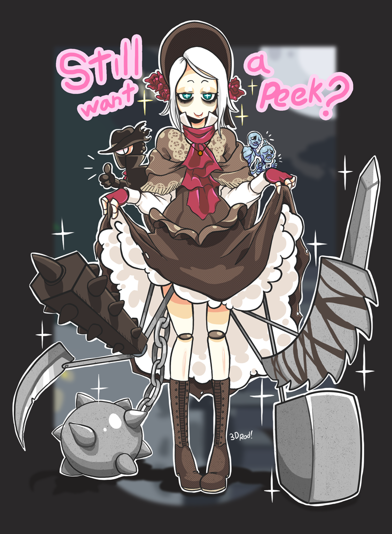 +_+, 1girl, 3d_rod!, bags_under_eyes, bangs, bloodborne, blue_eyes, bonnet