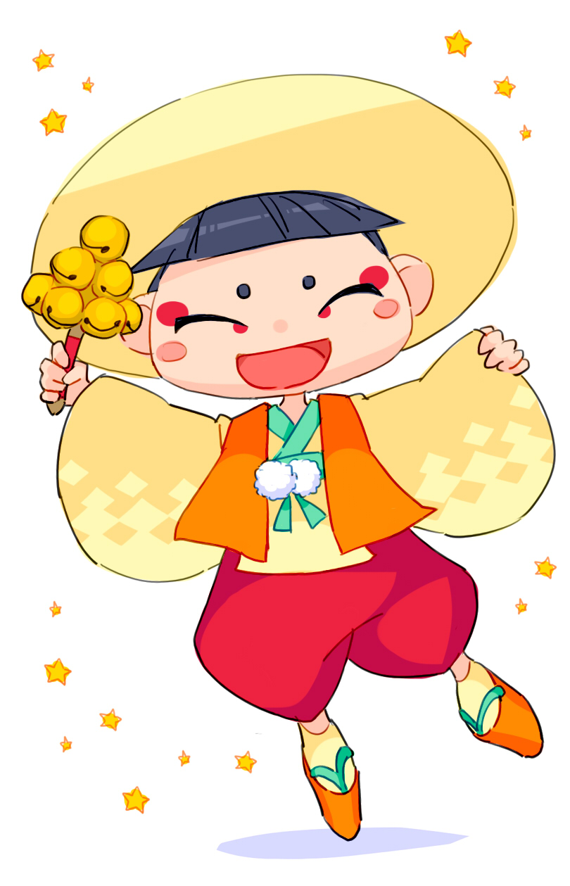 :d, bell, closed_eyes, highres, jingle_bell, open_mouth, smile, solo, star, tsui_ni_tsuin, white_background, youkai, youkai_watch, zashikiwarashin