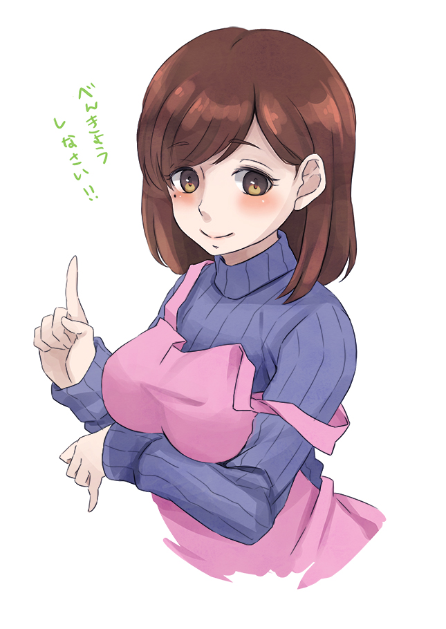 1girl, apron, blush, breasts, brown_eyes, brown_hair, large_breasts, looking_at_viewer