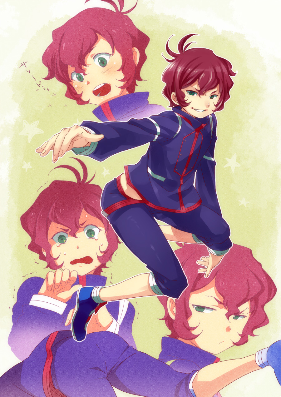 1boy, ahoge, collage, cross_fight_b-daman, green_eyes, grin, highres, katsumiya_shumon