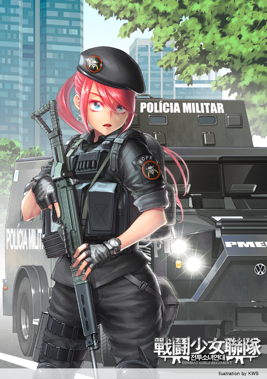 1girl, ammunition_pouch, armored_personnel_carrier, artist_name, backpack, badge, bag, battle_rifle, beret, blue_eyes, fingerless_gloves, fn_fal, gloves, gun, hat, korean, kws, load_bearing_vest, long_hair, military, military_police, military_vehicle, operator, original, pink_hair, ponytail, portuguese, rifle, translation_request, vehicle, volkswagen, watch, weapon