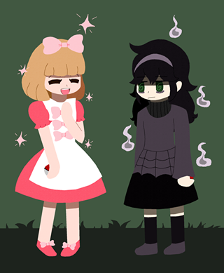 2girls, crossover, fairy_tale_girl_(pokemon), hex_maniac_(pokemon), kuroki_tomoko, lowres, multiple_girls, naruse_yuu