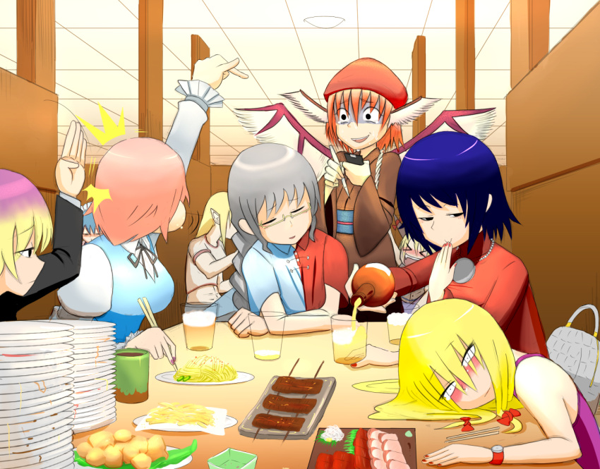 6+girls, abs, alcohol, alternate_costume, bag, bangs, beer, blonde_hair