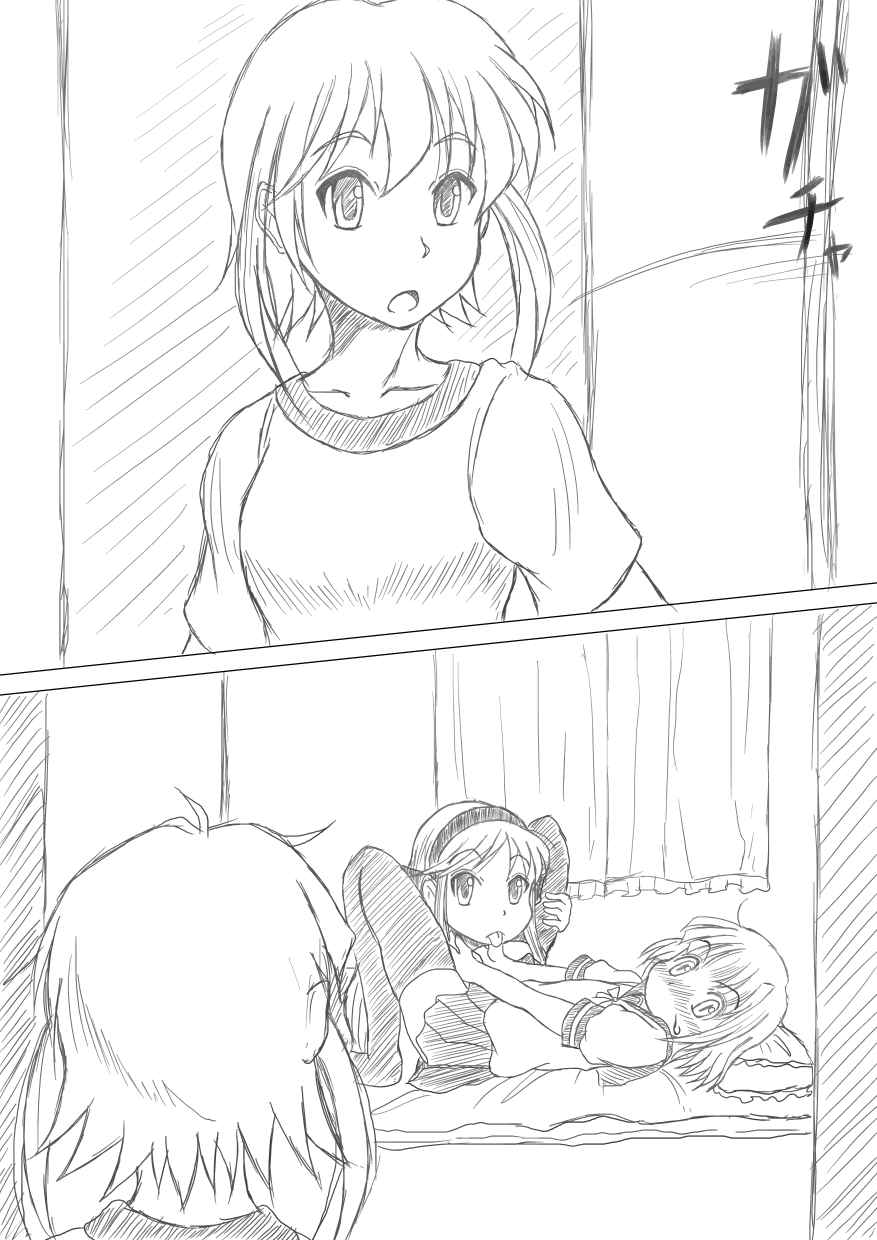 azuma_hinata, blush, covering, covering_crotch, highres, kanamemo, kujiin_mika, monochrome, multiple_girls, nakamachi_kana, open_mouth, rira_(iwamemo), school_uniform, short_hair, tongue, tongue_out, walk-in, yuri
