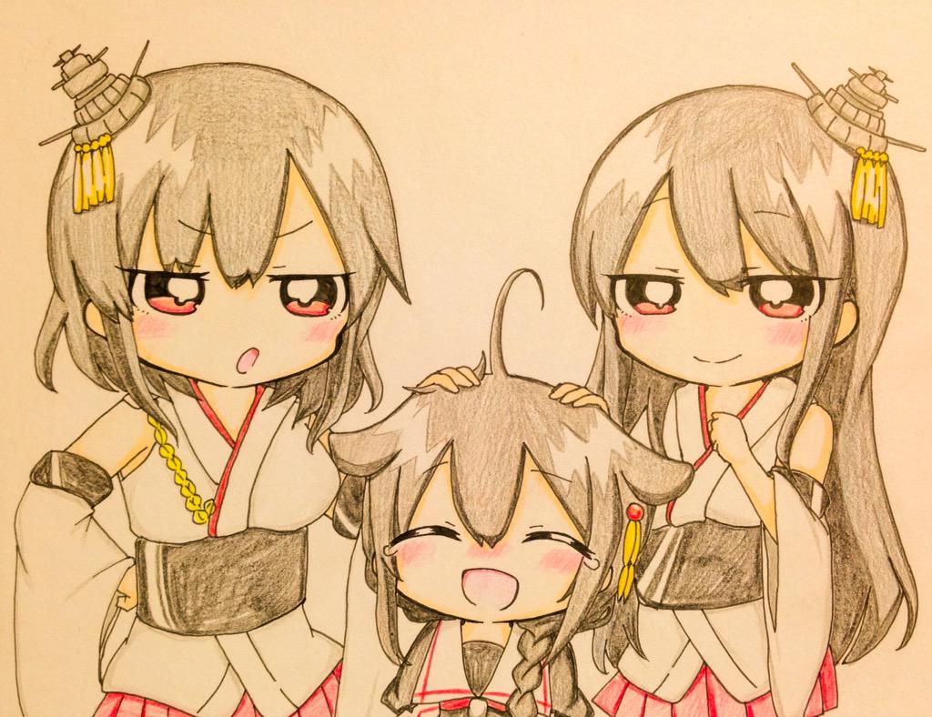 3girls, :d, ^_^, ahoge, bare_shoulders, black_hair, black_serafuku, blush