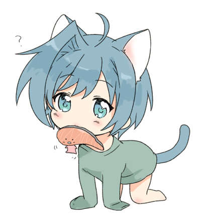 1boy, :3, ?, ahoge, animal_ears, blue_eyes, blue_hair, blush