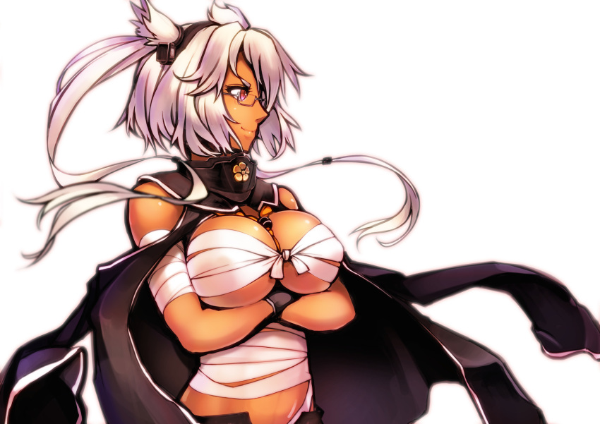 1girl, black_gloves, breasts, budget_sarashi, crossed_arms, glasses, gloves, grey-framed_glasses