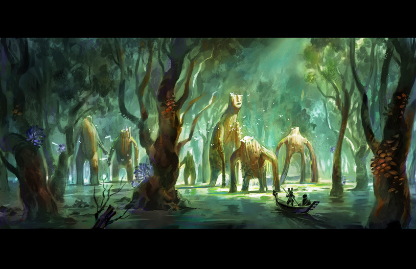 bird, boat, fantasy, original, swamp, treant, tree, yang_niangniang