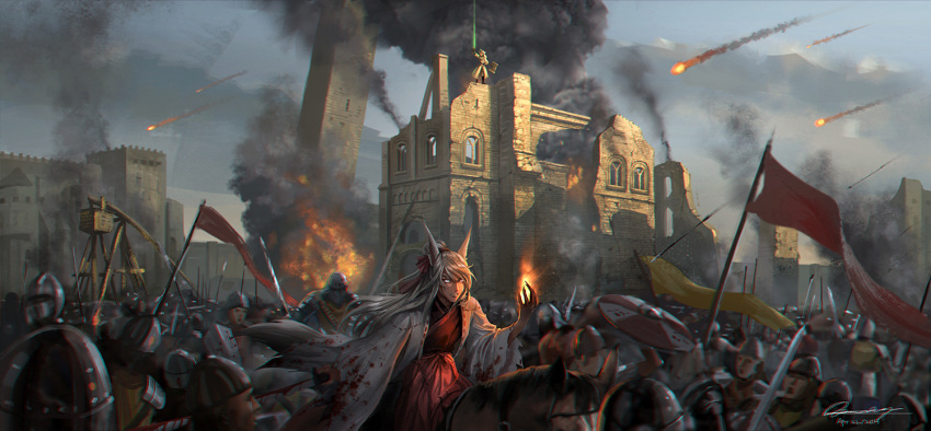 animal_ears, army, artist_name, battlefield, blood, dated, exca, fighting