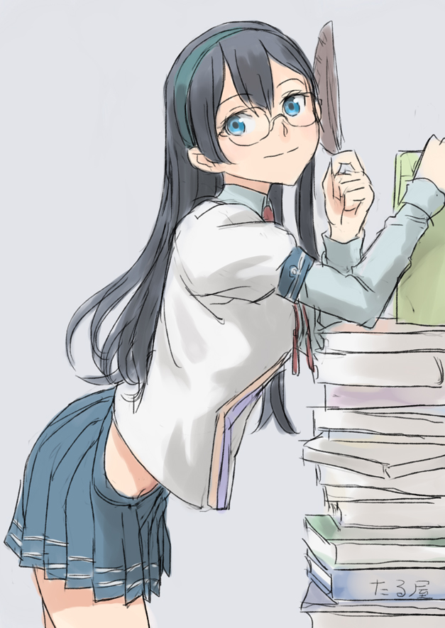 1girl, black_hair, blue_eyes, book, book_stack, glasses, hairband, kantai_collection
