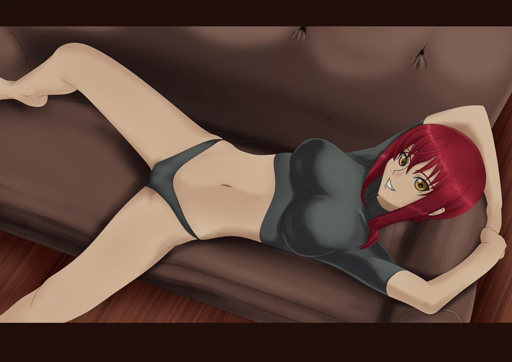 couch, ews, kaibutsu_oujo, midriff, redhead, riza_wildman, short_hair, smile