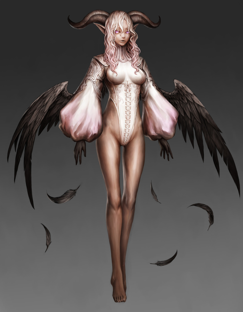 bare_legs, demon_girl, feathers, highres, horns, nabe_(crow's_head), nabe_(crow's_head), pointy_ears