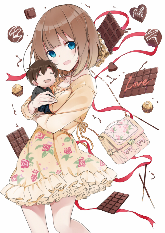 1boy, 1girl, :d, =_=, bag, blue_eyes, brown_hair, carrying