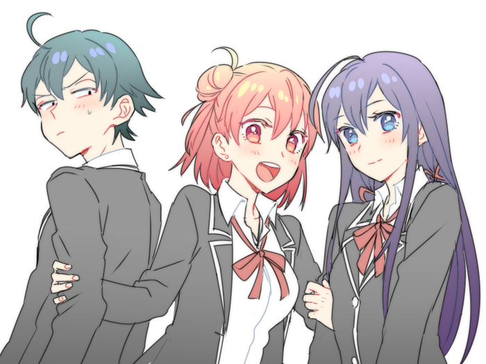 1boy, 2girls, ahoge, black_hair, blue_eyes, hikigaya_hachiman, long_hair, multiple_girls