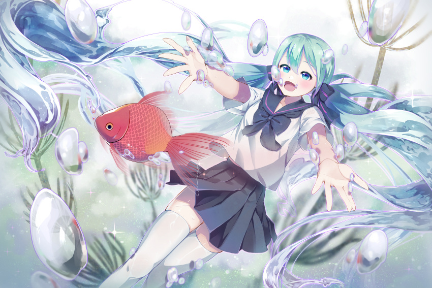 1girl, bottle_miku, fcm28129, fish, hatsune_miku, highres, liquid_hair, long_hair, open_mouth, school_uniform, serafuku, skirt, solo, thigh-highs, twintails, vocaloid