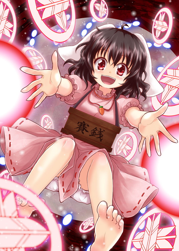 1girl, animal_ears, barefoot, black_hair, bloomers, box, danmaku, dress