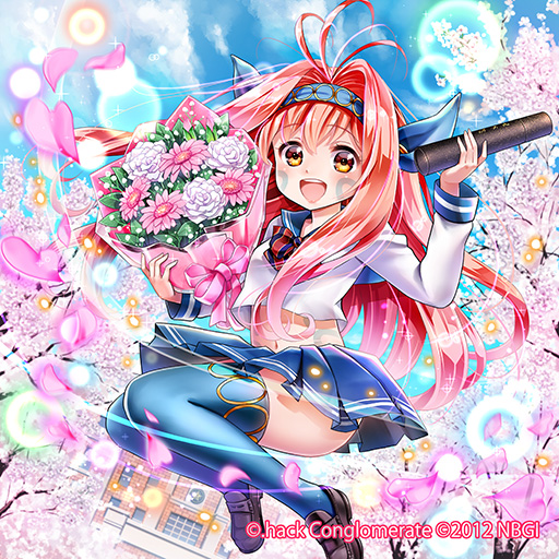 .hack//, 1girl, 2012, :d, antenna_hair, blue_legwear, blue_skirt, bouquet