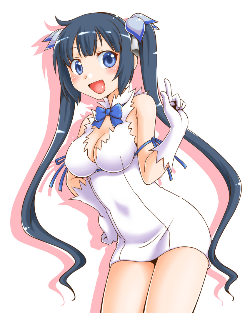 1girl, :d, black_hair, blue_eyes, breasts, cleavage, dungeon_ni_deai_wo_motomeru_no_wa_machigatteiru_darou_ka, gloves