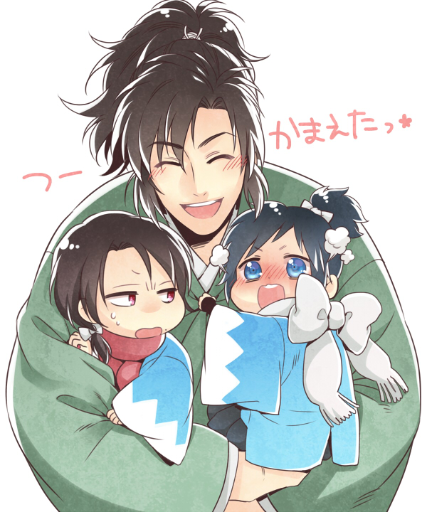 3boys, ^_^, black_hair, blue_eyes, blush, brown_hair, chamameko, child