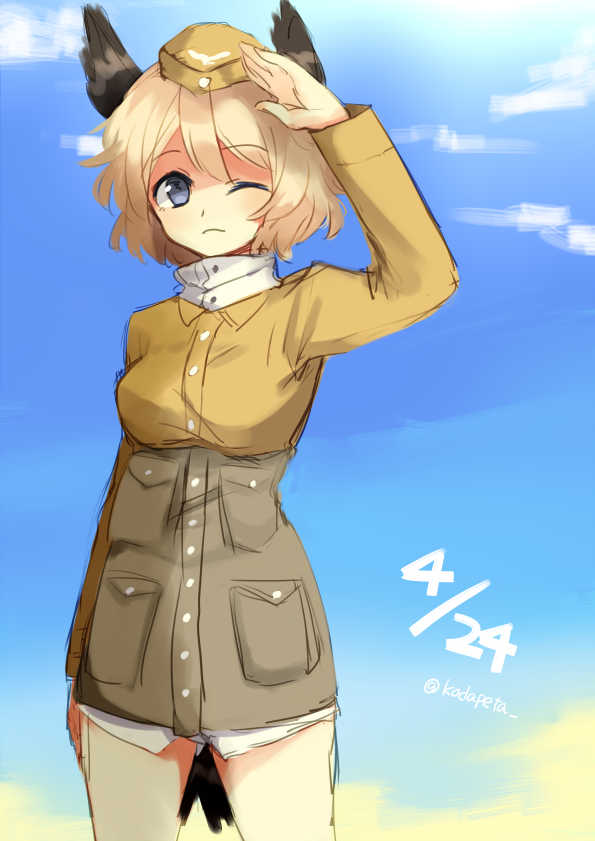 1girl, ;(, bird_tail, blonde_hair, blue_eyes, blue_sky, clouds, dated