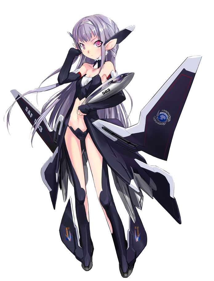 ffr-41mr, frx-00, gloves, long_hair, mecha_musume, pink_eyes, purple_hair, robot_ears