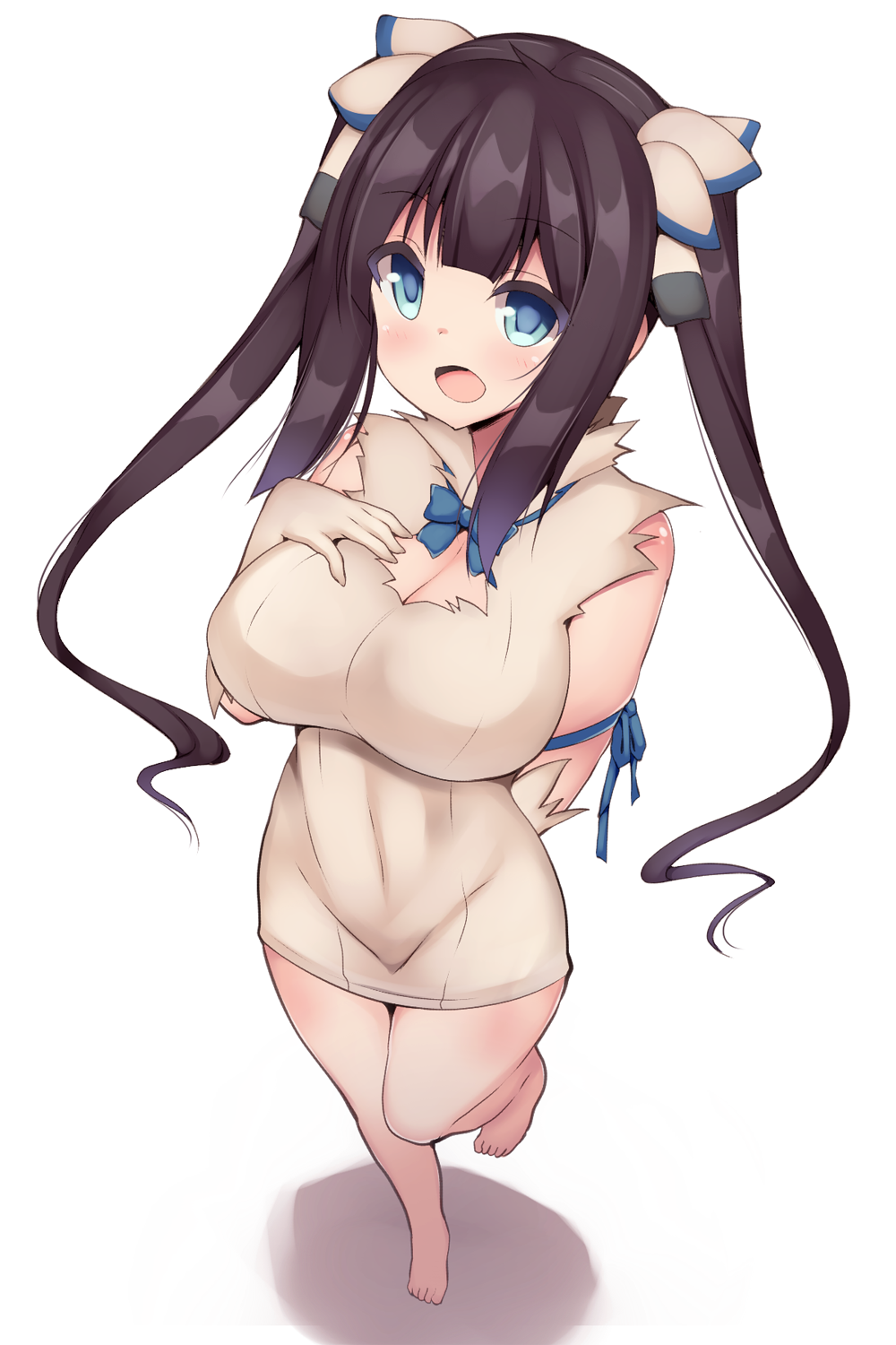 1girl, :o, barefoot, black_hair, blue_eyes, breasts, byakuya_mika, cleavage