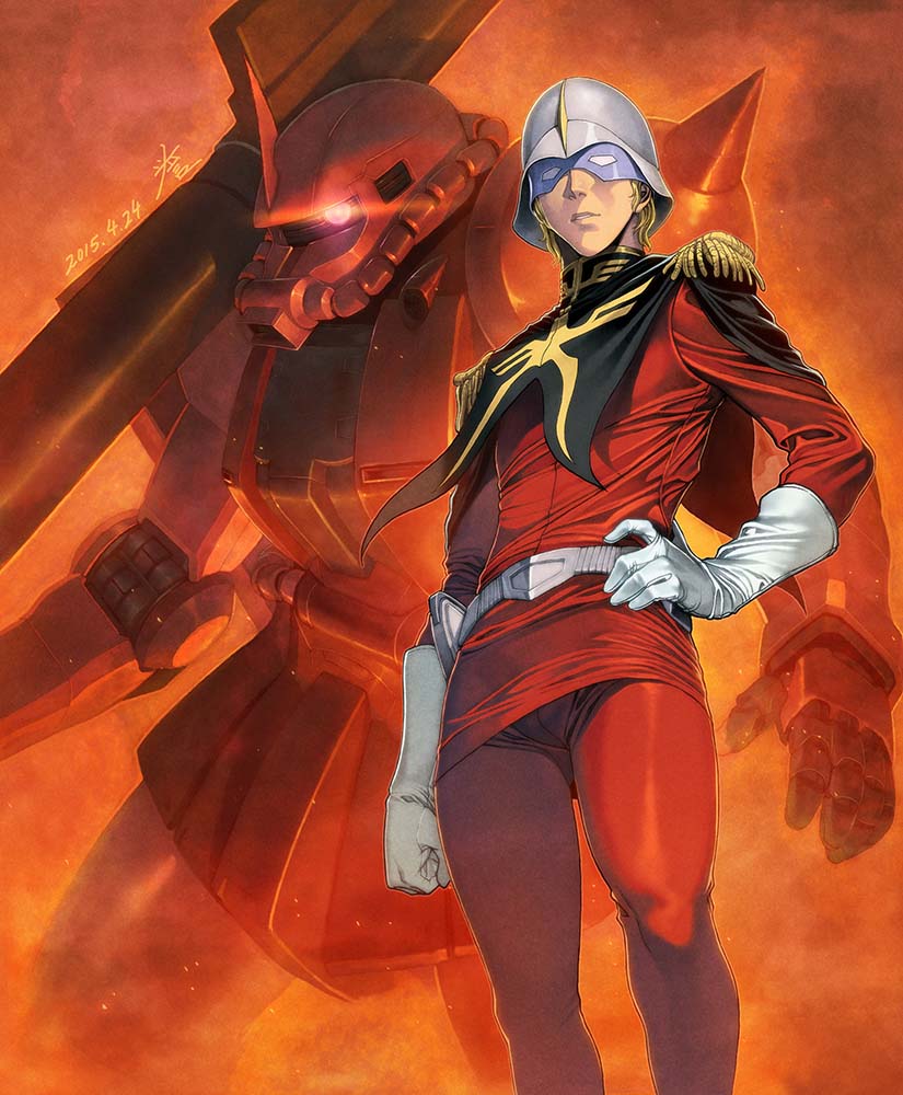 1boy, belt, blonde_hair, capelet, char_aznable, epaulettes, gloves, gundam