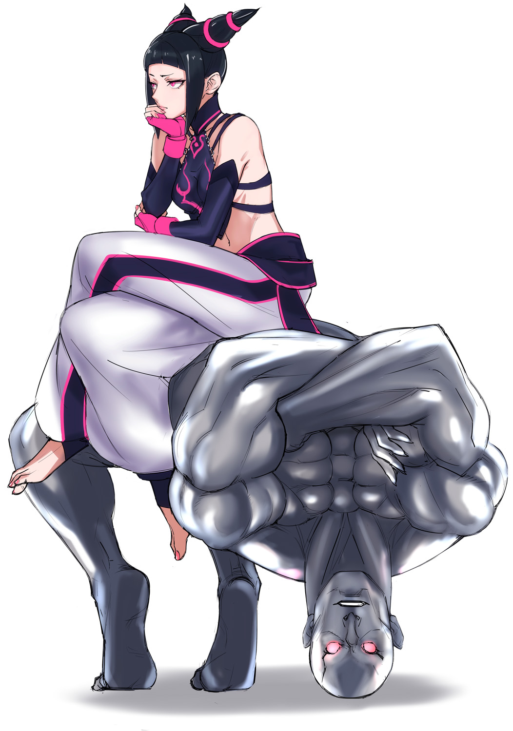 1boy, 1girl, baggy_pants, bald, barefoot, chin_rest, crossed_arms, detached_sleeves