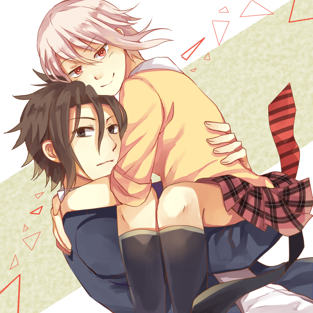 1boy, 1girl, black_eyes, brown_hair, carrying, fuchsia91, hug, kurokiba_ryou, nakiri_alice, red_eyes, shokugeki_no_souma, short_hair, silver_hair, smile