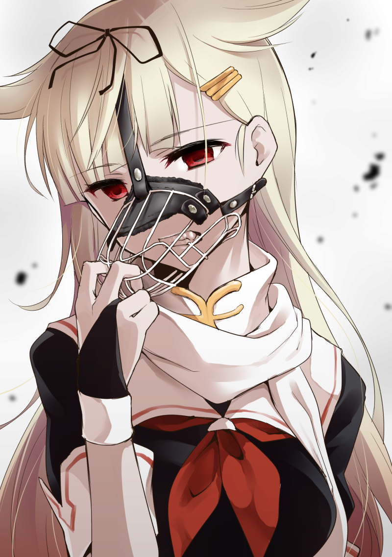 1girl, blonde_hair, empty_eyes, fang, hair_flaps, hair_ornament, hair_ribbon, hairclip