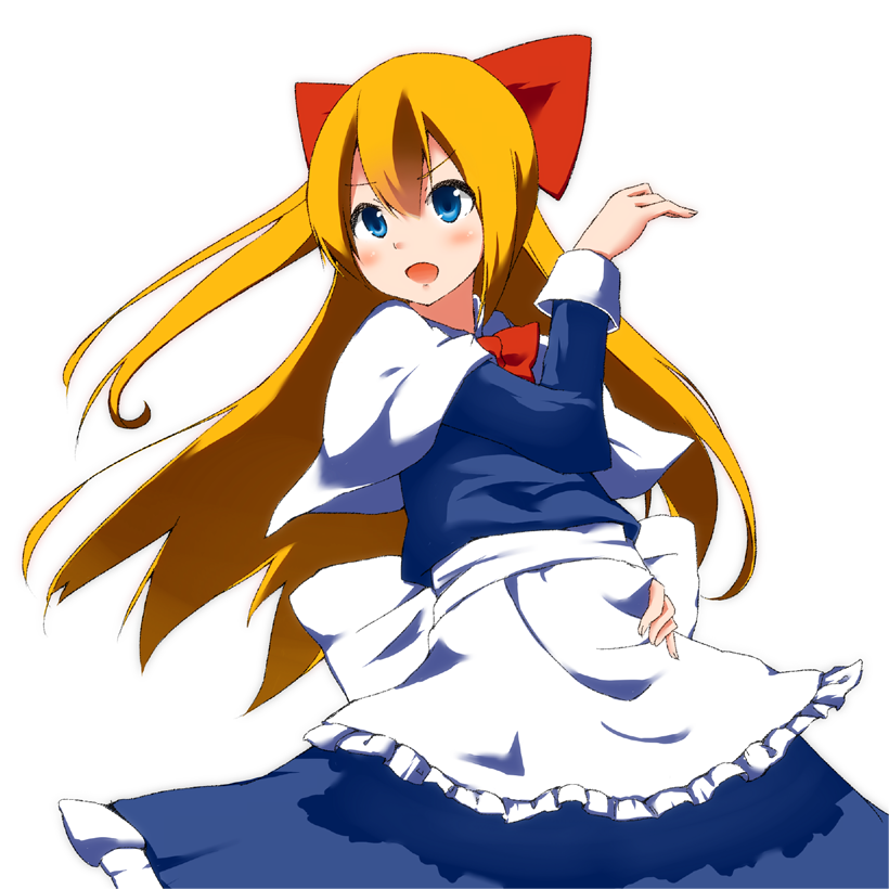 1girl, apron, blonde_hair, blue_eyes, blush, bow, capelet, cowboy_shot, hair_bow, hand_on_hip, kome_(d104_koumei), long_hair, looking_at_viewer, open_mouth, raised_hand, shanghai_doll, simple_background, solo, touhou, waist_apron, white_background