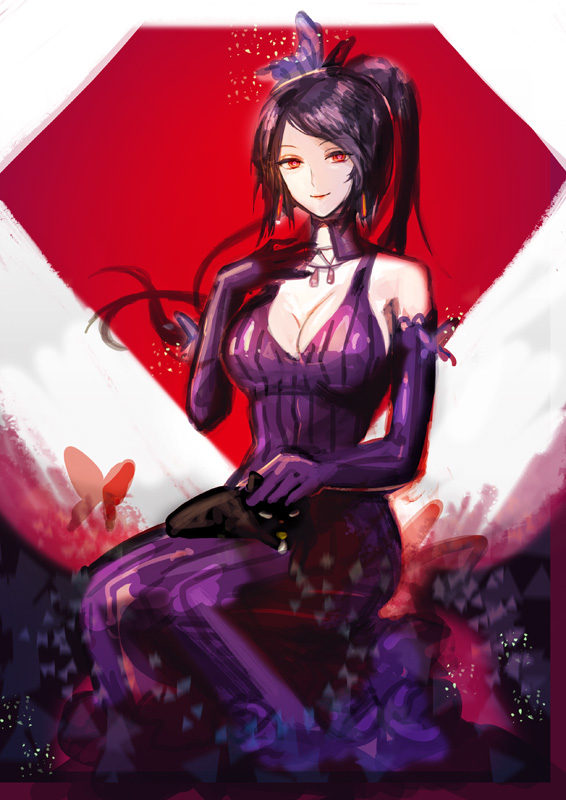 1girl, cat, dress, elbow_gloves, gloves, kuroi, long_hair, michele_malebranche