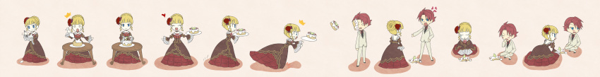 beatrice, blonde_hair, blush, cake, dress, flower, food, formal