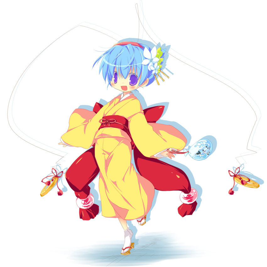 antenna, blue_hair, blush, child, hair_ribbon, happy, highres, japanese_clothes