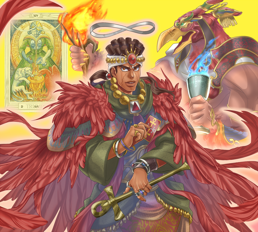 akabane3, black_hair, bracelet, card, chalice, feathers, headband, headdress