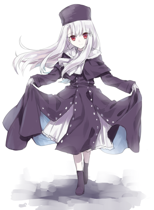 1girl, azusa_(sarie303030), fate/stay_night, fate_(series), hat, illyasviel_von_einzbern, long_hair, red_eyes, skirt_hold, solo, white_hair