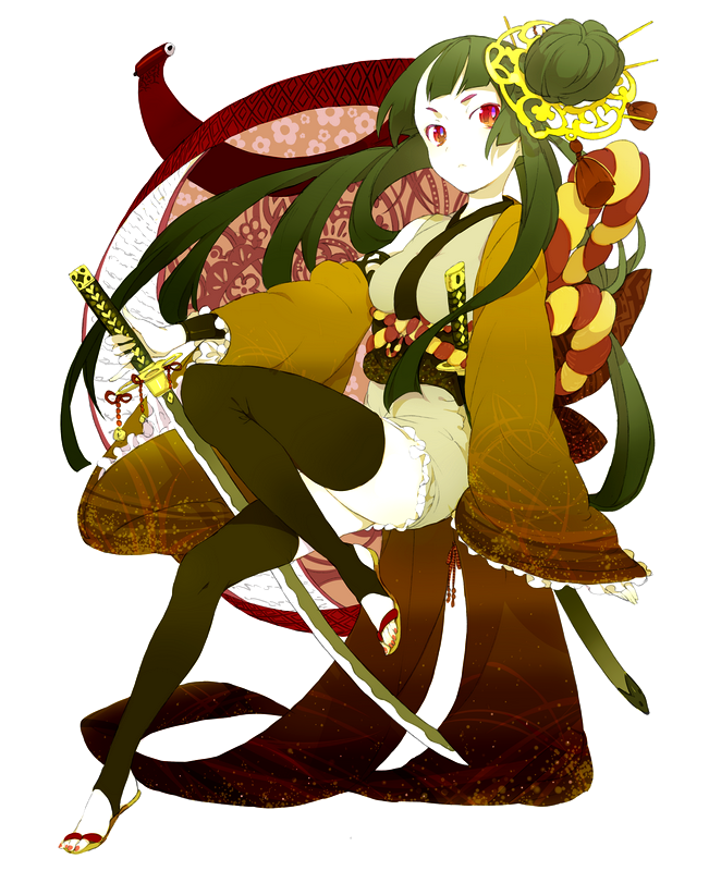 bow, breasts, detached_sleeves, frills, frown, green_hair, hair_ornament, japanese_clothes