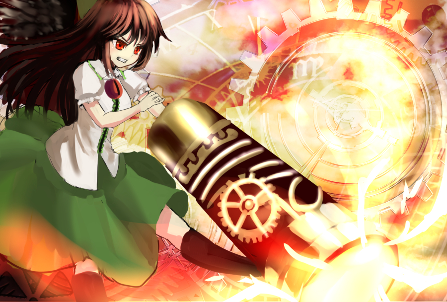 1girl, angry, arm_cannon, bird_wings, black_hair, blush, clenched_teeth, collared_shirt