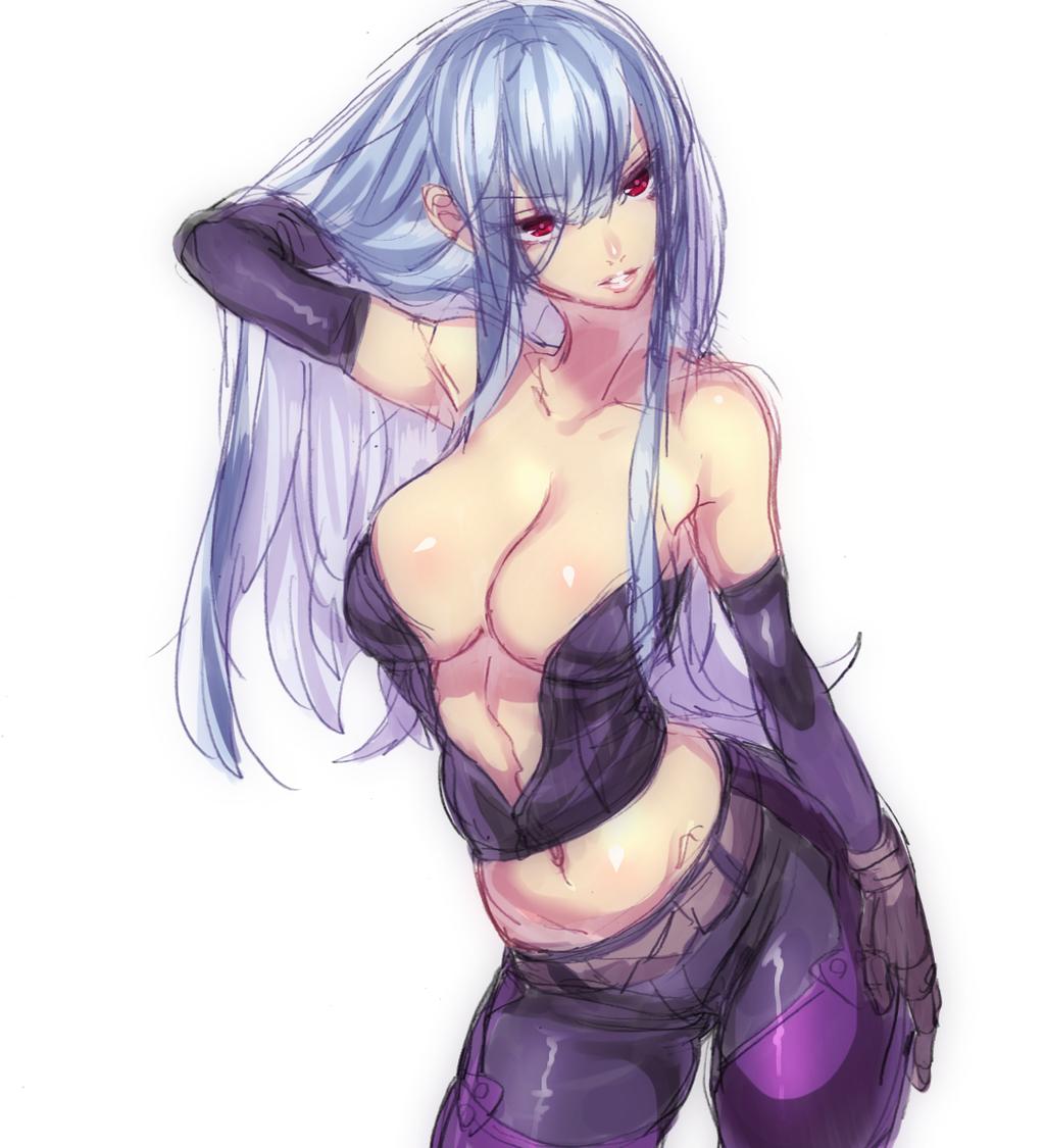 1girl, arm_up, bare_shoulders, blue_hair, breasts, cleavage, contrapposto, elbow_gloves