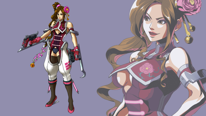 armlet, bei_pooh, brown_eyes, brown_hair, brown_legwear, cleavage_cutout, crotchless_pants, drill_hair, flower, gloves, hair_flower, hair_ornament, high_heels, highres, hook_swords, long_hair, official_art, panties, side_ponytail, strider_(video_game), thigh-highs, underwear, very_long_hair