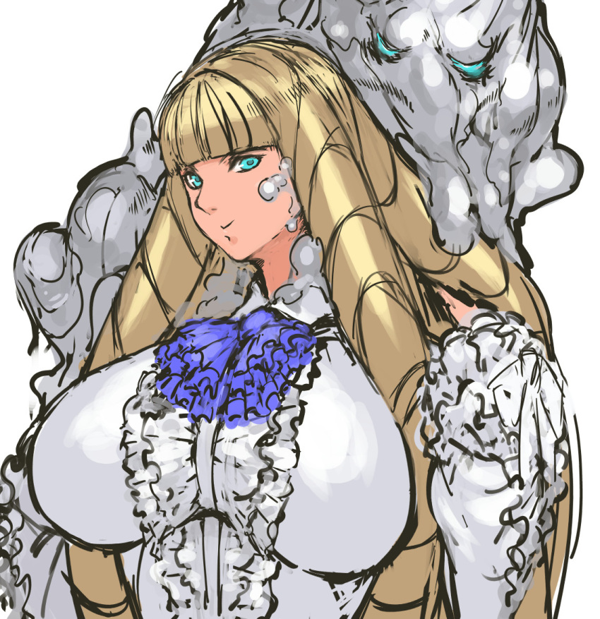 1girl, aqua_eyes, bangs, blonde_hair, blunt_bangs, breasts, frills, huge_breasts