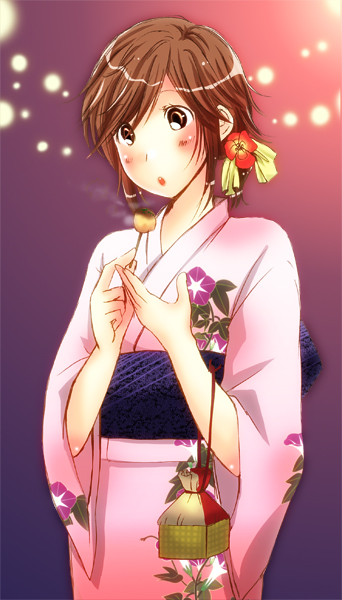 1girl, amagami, brown_hair, hair_ornament, japanese_clothes, kimono, kinchaku, sakurai_rihoko, short_hair, solo, takoyaki, yacchi, yukata