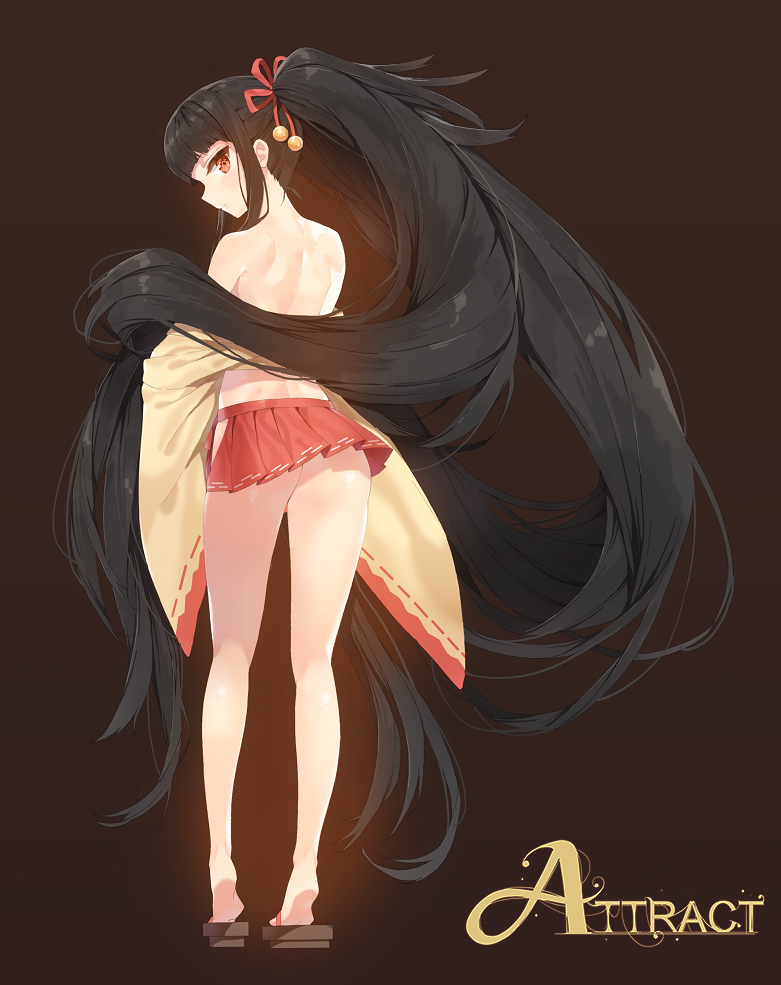 1girl, absurdly_long_hair, ass, black_hair, brown_background, from_behind, long_hair, looking_back, mawile, miniskirt, no_panties, off_shoulder, personification, pleated_skirt, pokemon, ponytail, red_eyes, ribbon-trimmed_skirt, ribbon-trimmed_sleeves, ribbon_trim, sandals, simple_background, skirt, solo, tiptoes, very_long_hair, wide_sleeves, yonggi
