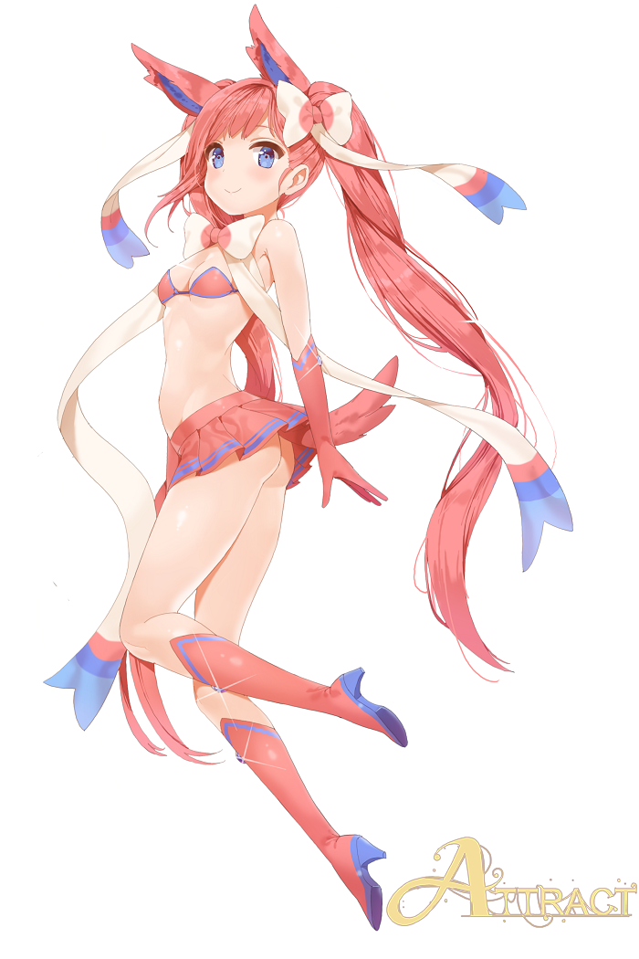 animal_ears, ass, bare_shoulders, blue_eyes, boots, bow, breasts, cleavage, full_body, gloves, hair_bow, hair_ribbon, high_heel_boots, high_heels, knee_boots, long_hair, midriff, miniskirt, no_panties, personification, pink_gloves, pink_hair, pleated_skirt, pokemon, ribbon, simple_background, skirt, small_breasts, smile, sparkle, sylveon, tail, twintails, very_long_hair, white_background, yonggi