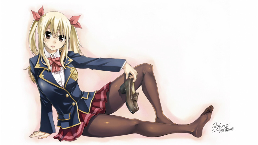 1girl, blazer, blonde_hair, bow, end_card, fairy_tail, feet, hair_ribbon