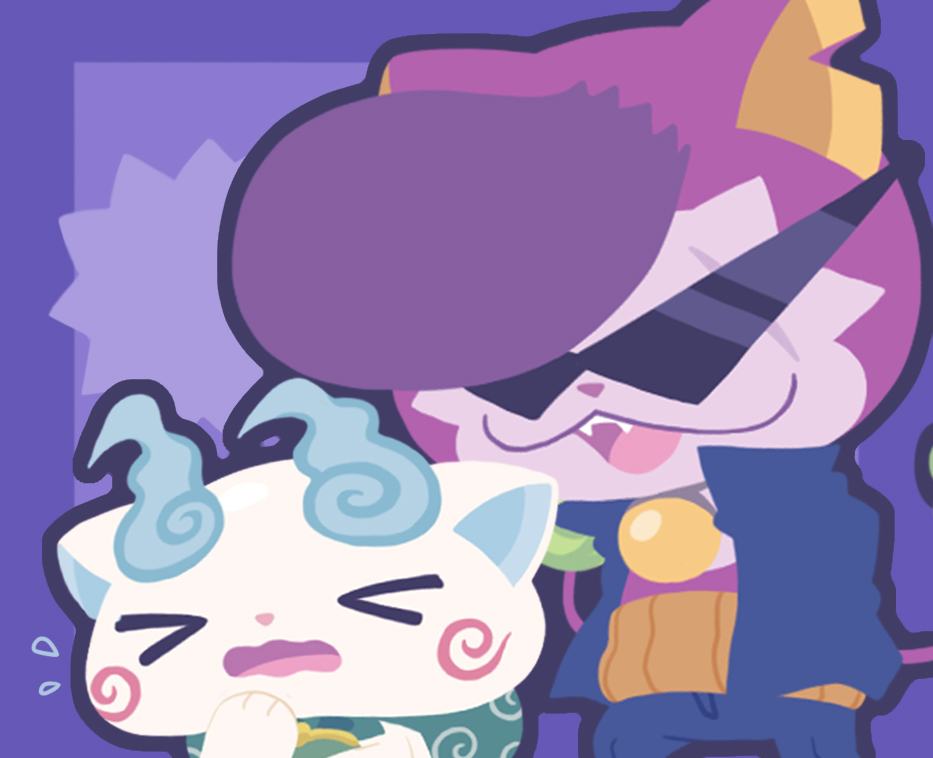 >_<, cat, chuno, fangs, furoshiki, koma-san, multiple_tails, no_humans, notched_ear, open_mouth, pompadour, purple_background, sunglasses, tail, two_tails, warunyan, wavy_mouth, youkai, youkai_watch