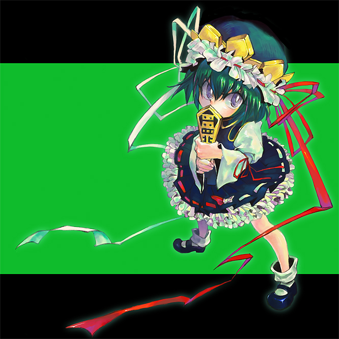 green_hair, hat, mary_janes, ribbon, rod_of_remorse, satou_sio, shikieiki_yamaxanadu, shio_(kuroame)
