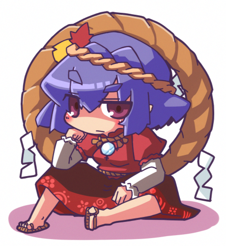 1girl, chibi, chin_rest, hekoningyou_(waraningyou), lowres, purple_hair, red_eyes, rope